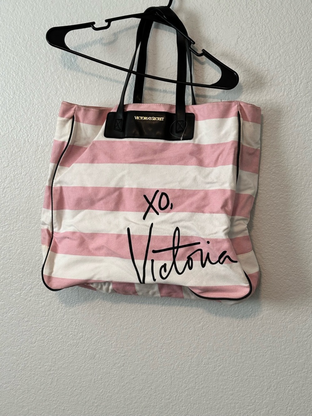 Victoria's Secret Pink and White Striped Canvas Tote with Black Trim